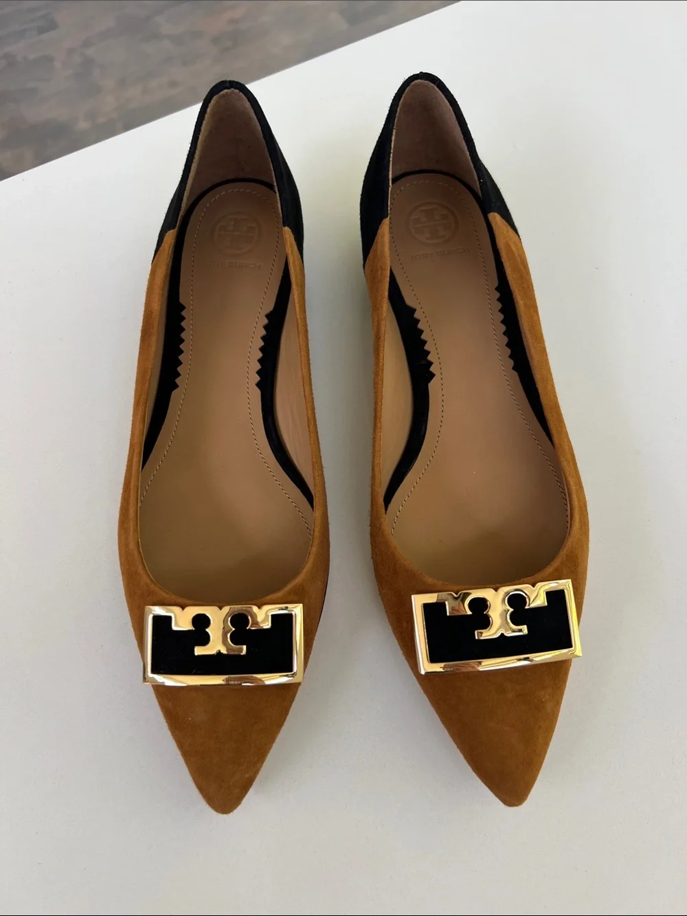 Tory Burch gigi 20mm pointy toe flat silk suede leather dark tiramisu tan black